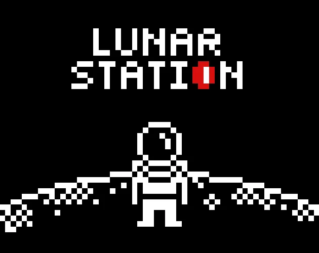 Lunar Station cover: a white pixel astronaut with outstretched arms crumbling into pixels, under the title