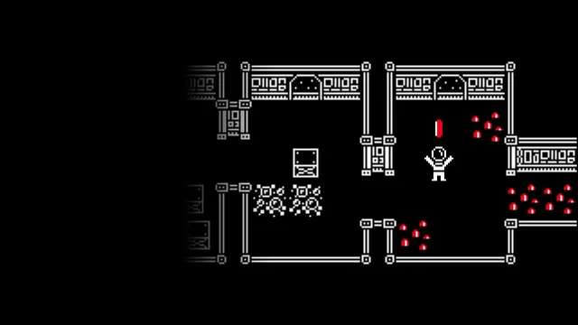 Lunar Station screenshot: an astronaut with raised arms among scattered red fragments in a station room