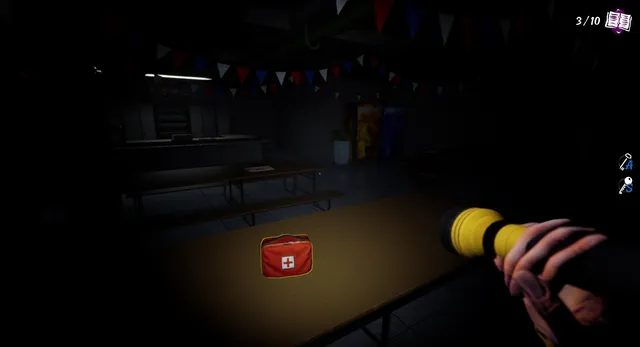 Lunch Lady screenshot: a medkit on a cafeteria table under paper bunting, lit by the player's flashlight