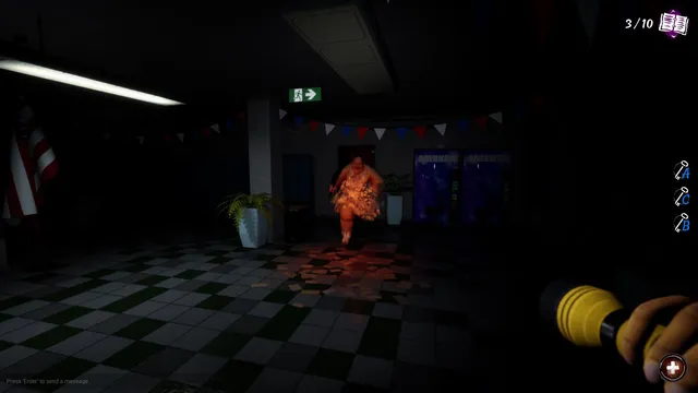 Lunch Lady screenshot: the Lunch Lady charges across a dark school lobby toward the player's flashlight