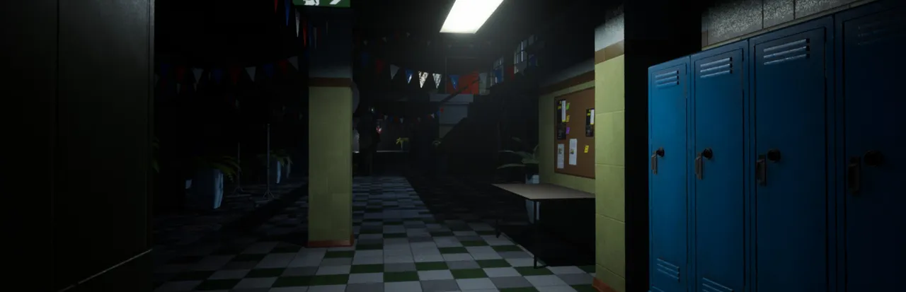 Lunch Lady wide art: a dark school hallway with blue lockers and a checkered floor at night