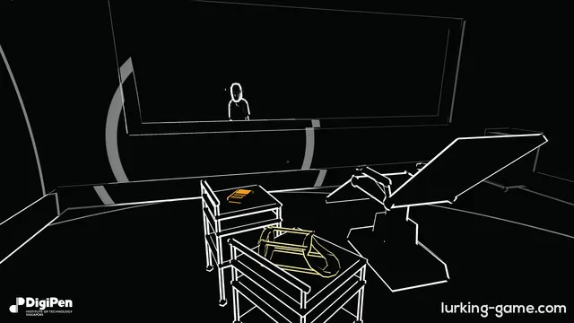Lurking screenshot: a white-outlined figure watching from behind glass in a dark operating room drawn in lines