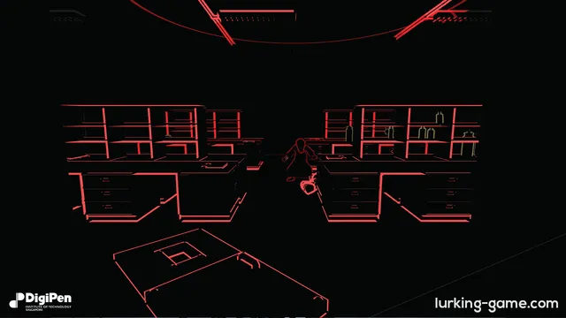 Lurking screenshot: a red-outlined figure crouched between lab benches in total darkness