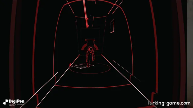 Lurking screenshot: a figure outlined in red walking down a dark corridor drawn in red sound lines