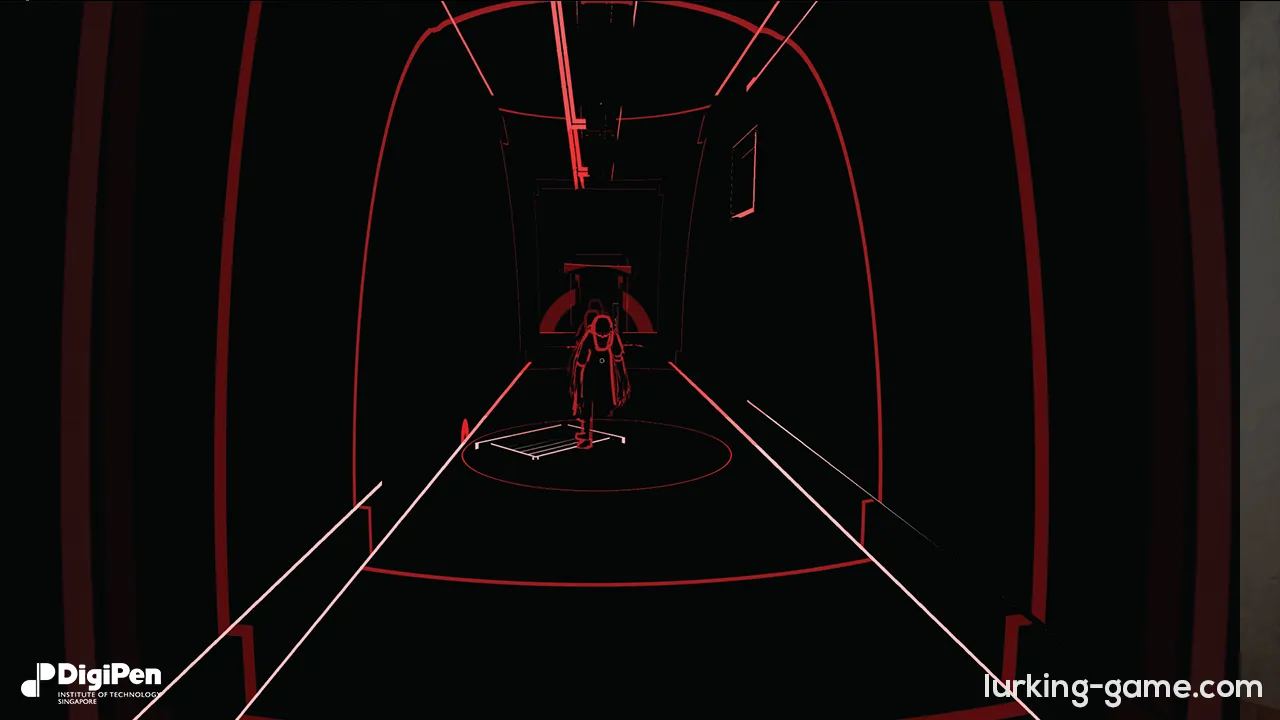 Lurking screenshot: a figure outlined in red walking down a dark corridor drawn in red sound lines