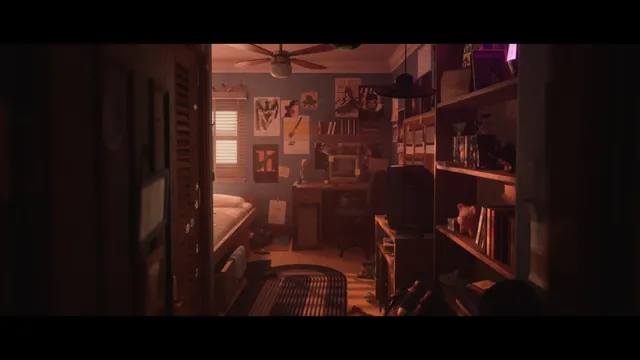 A teenager's bedroom in warm light with posters, a bed, a desk with an old computer and full shelves