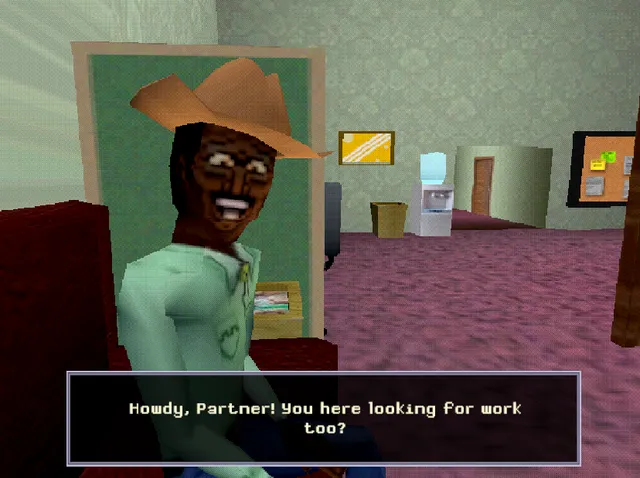 M.Stain screenshot: a grinning man in a cowboy hat in a waiting room asking if you are here looking for work too