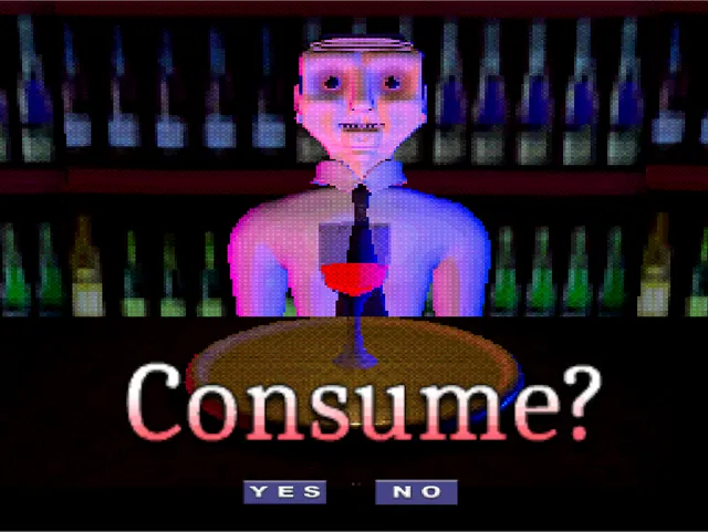 M.Stain screenshot: a pale barman in front of shelves of bottles holding out a glass of red drink, with the choice Consume? Yes or No