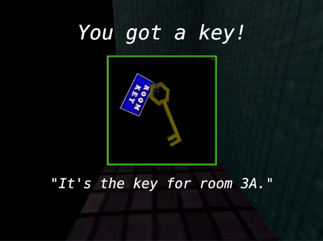 M.Stain screenshot: an item screen showing a brass key with a tag, You got a key, it's the key for room 3A