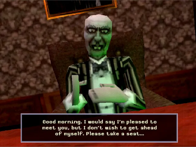 M.Stain screenshot: a green-faced man in a pinstriped suit behind a desk saying good morning and asking you to take a seat