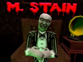 M.Stain title art: a green-faced man in a pinstriped suit in an armchair beside a gramophone, under the name in dripping red letters