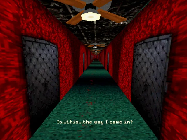 M.Stain screenshot: a long corridor with red walls, padded black doors and a ceiling fan, as the caption asks Is this the way I came in