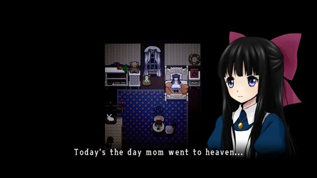 Mad Father screenshot: Aya sitting on her bed in her room at night, on the day her mother died