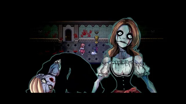 Mad Father screenshot: Aya in a blood-spattered hall with two stitched, grey-skinned doll women looming over her