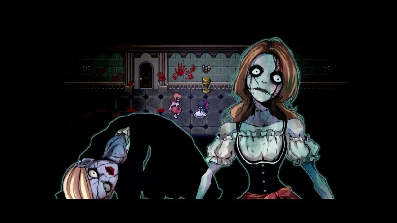Mad Father screenshot: Aya in a blood-spattered hall with two stitched, grey-skinned doll women looming over her