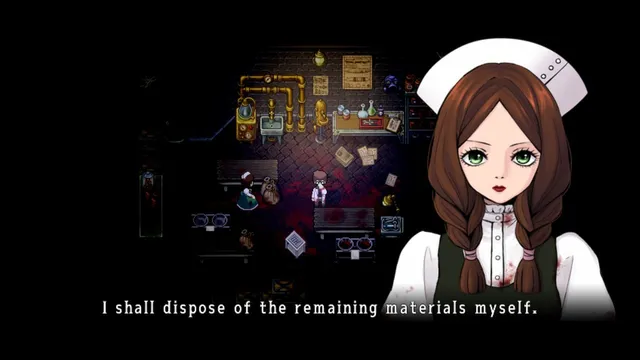 Mad Father screenshot: a blood-stained laboratory with the assistant Maria in her nurse's cap