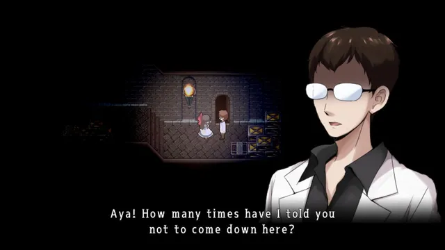 Mad Father screenshot: Aya and her father in a stone basement, with his portrait warning her not to come down here