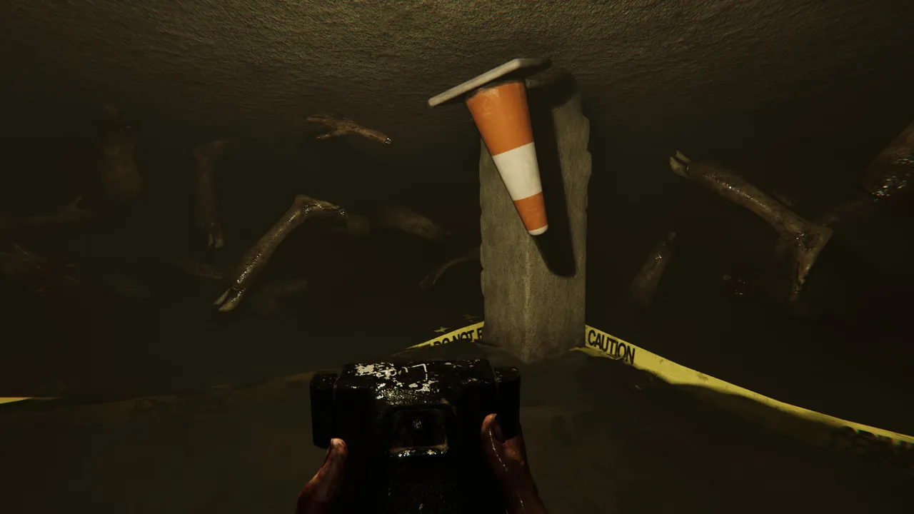 MADiSON screenshot: a bloody hand holds an old instant camera in a cellar full of twisted limbs and caution tape
