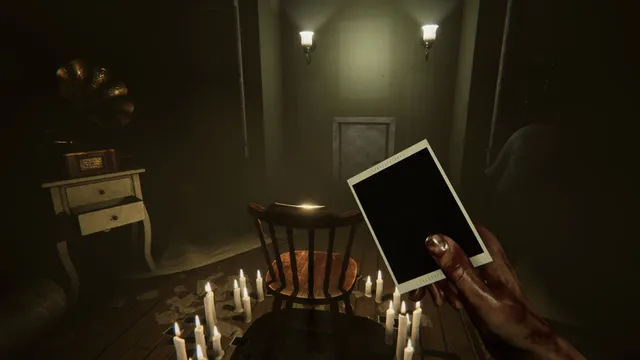 MADiSON screenshot: a fresh instant photo held up in a room with a ring of candles around a chair and a gramophone