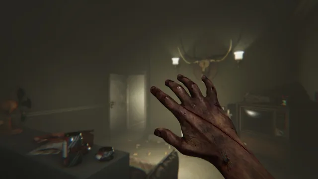 MADiSON screenshot: Luca's blood-covered hand reaching out in a dim living room with an old TV