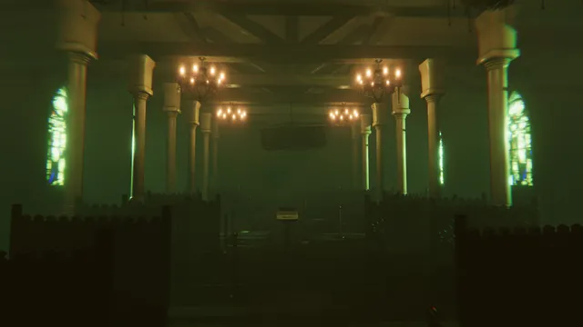 MADiSON screenshot: an empty church with chandeliers and green stained glass