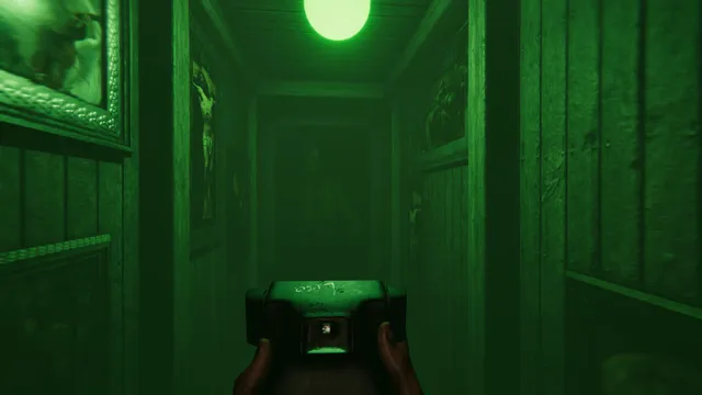 MADiSON screenshot: a green-lit corridor hung with religious paintings, seen past the camera, with a figure at the end