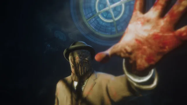 Maid of Sker screenshot: a masked figure in a bowler hat reaches toward the player with a bloodied hand