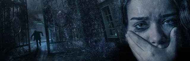 Maid of Sker key art: a frightened woman covers her mouth beside an iron gate where a man runs into the dark gardens