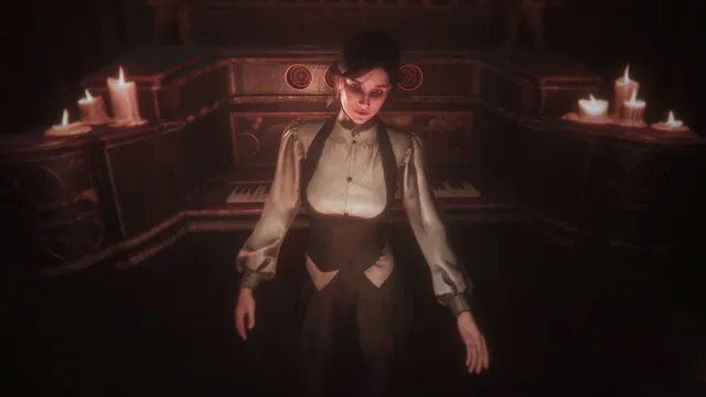 Maid of Sker screenshot: a young woman in Victorian dress stands before an organ ringed with candles
