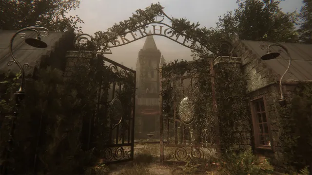 Maid of Sker screenshot: overgrown iron gates under the Sker Hotel sign open onto the hotel tower