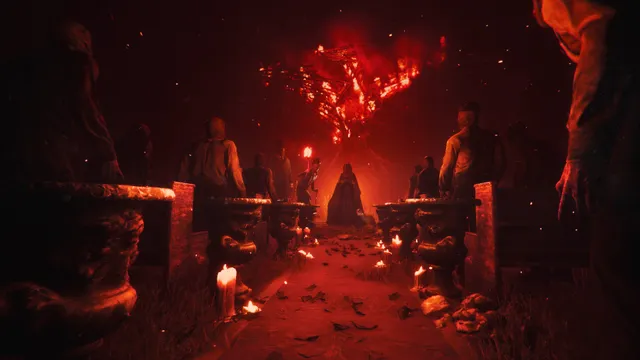 Maid of Sker screenshot: hooded figures gather in a red-lit aisle under a burning tree
