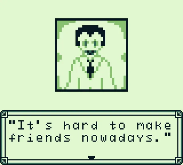 Make-A-Friend screenshot: a portrait of a smiling man in a suit above the line: It's hard to make friends nowadays
