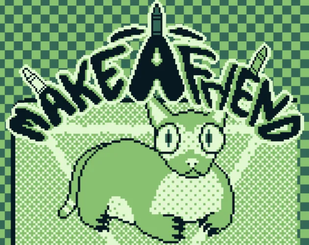 Make-A-Friend cover in Game Boy greens: the title in drippy letters over a wide-eyed cat lying inside a chalk triangle between candles