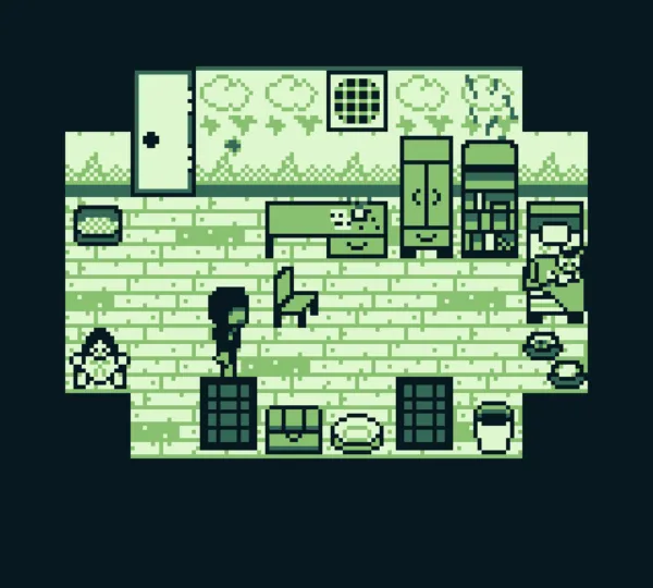 Make-A-Friend screenshot: top-down view of Nathan standing in his bedroom among a desk, wardrobe, bed and pet bowls