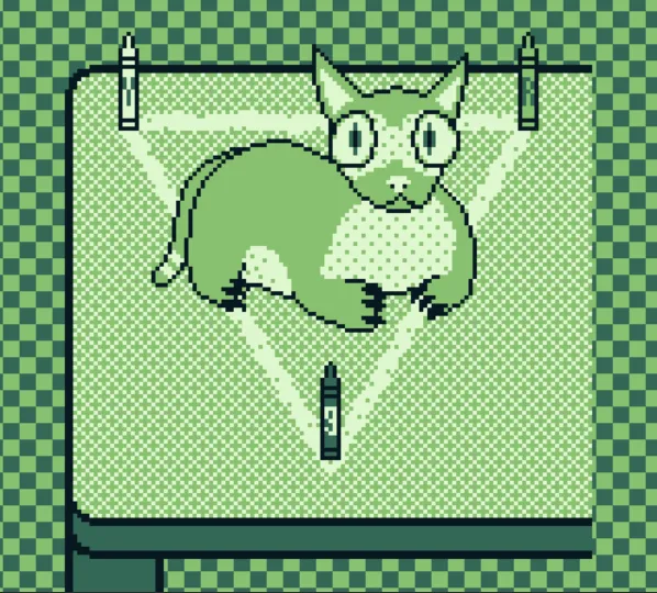 Make-A-Friend screenshot: the desk view, with a cat sitting inside a reversed triangle drawn between two candles