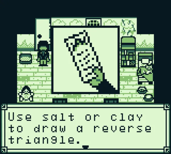 Make-A-Friend screenshot: Nathan's pixel bedroom with a ritual note held up and the text: Use salt or clay to draw a reverse triangle