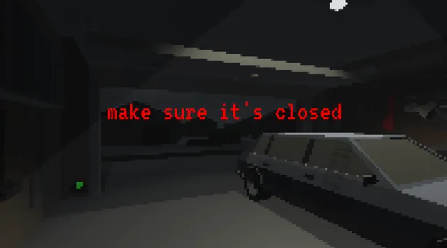 make sure it's closed cover: a dark low-poly garage at night with a parked car under a ceiling light and the title in red pixel letters