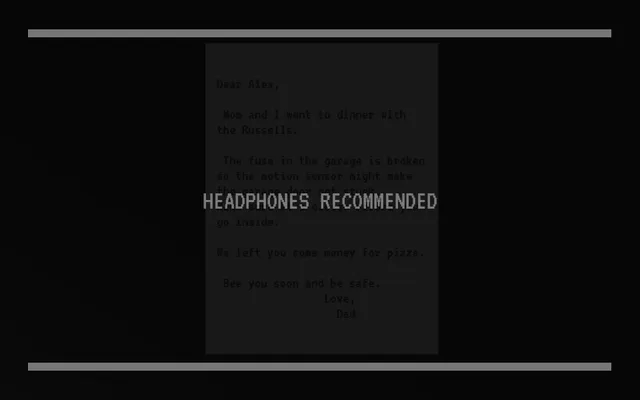 make sure it's closed screenshot: Dad's note to Alex about the broken garage fuse and the door that might stick, behind a Headphones Recommended title