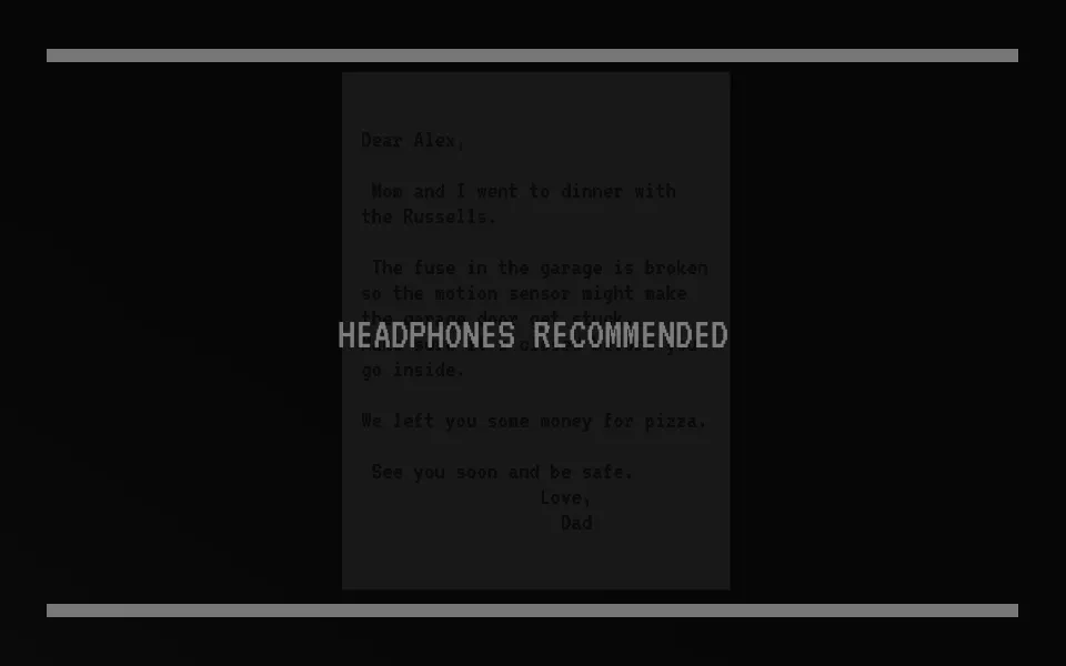 make sure it's closed screenshot: Dad's note to Alex about the broken garage fuse and the door that might stick, behind a Headphones Recommended title