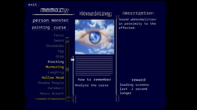 The computer room's memory screen listing curses such as Knocking and Hollow Head, with an eye picture