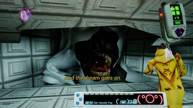 A huge mouth with teeth gapes from a padded white wall beside a player in a yellow coat, captioned And the dream goes on