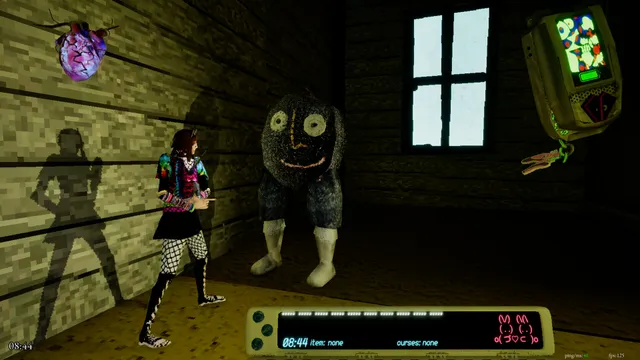 A girl in Y2K clothes faces a lumpy, grinning creature inside a wooden shack, with a flip phone on screen