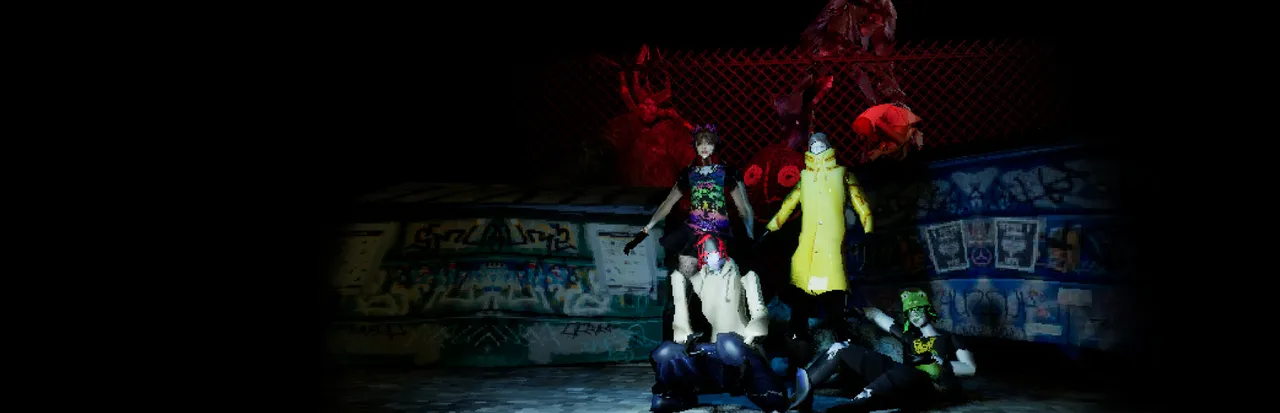Mama's Sleeping Angels art: four players in Y2K outfits stand in a dark graffiti room beneath a red, tangled creature