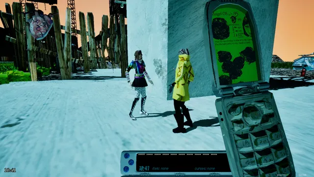 Two players walk through an icy dream ruin while one holds an open flip phone