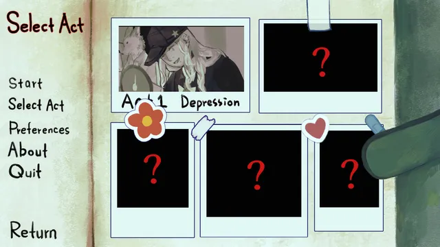 MAMA act select screen: polaroids pinned to a page, the first labelled Act 1 Depression and the rest still hidden