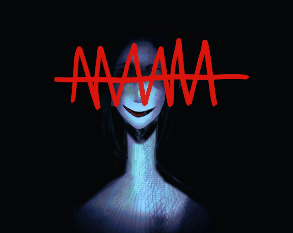 MAMA cover: a pale woman with a long neck and a wide red smile in the dark, her eyes hidden behind the title scrawled and struck through in red