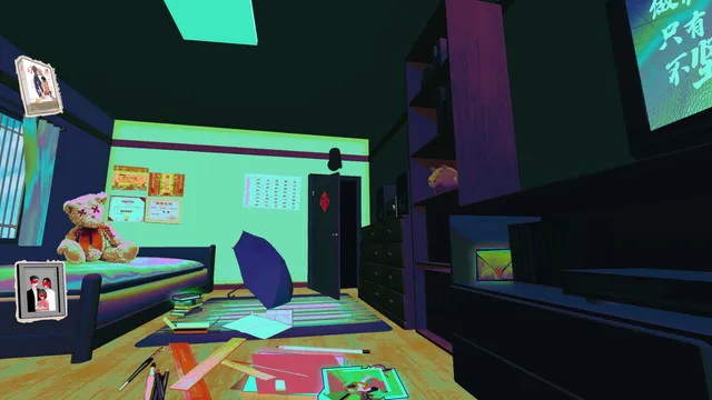 MAMA screenshot: a child's bedroom in harsh neon colours, a teddy bear on the bed and papers strewn across the floor