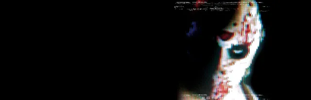 Manhunt key art: a pale face in glitching VHS colour stripes on a black background, with a camera timestamp along the bottom