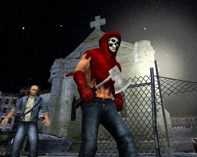 Manhunt screenshot: a hunter in a red hood and skull mask holds an axe outside a church at night while Cash stands behind him