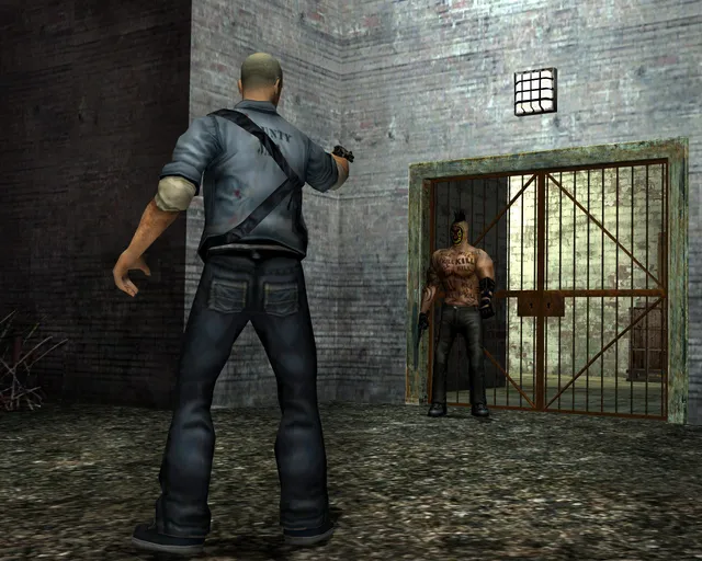 Manhunt screenshot: Cash aims a pistol at a shirtless masked gang member with KILL tattooed across his chest, standing at a barred gate